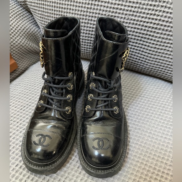 Authentic CHANEL Quilted Black Leather Boots Booties 37 7 - Picture 2 of 5